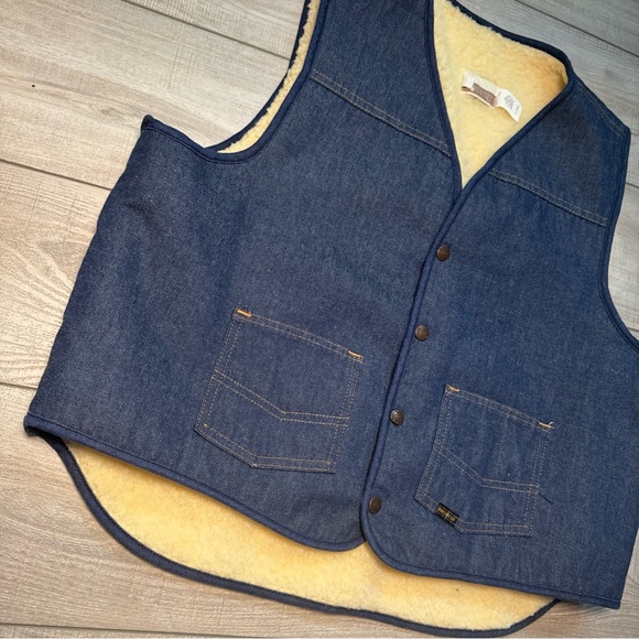 Vintage Sears Roebucks Western Wear Sherpa Vest Mens XL Biker Cowboy Denim Blue - Picture 5 of 14